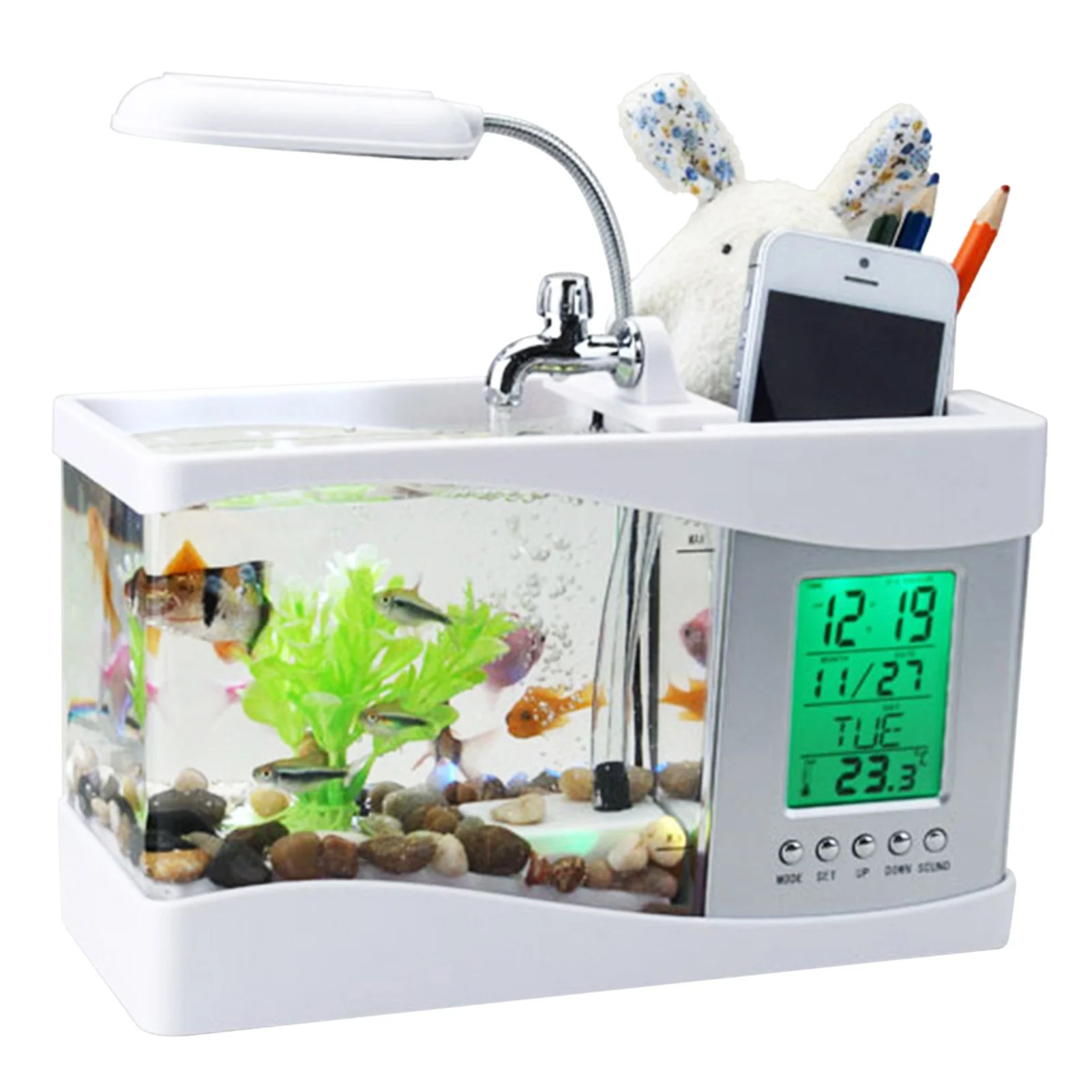 

Fish Tank Clock Multifunctional USB Ecological Lamp Desktop Fish Tank Aquarium Calendar for Office Bedroom White/Black