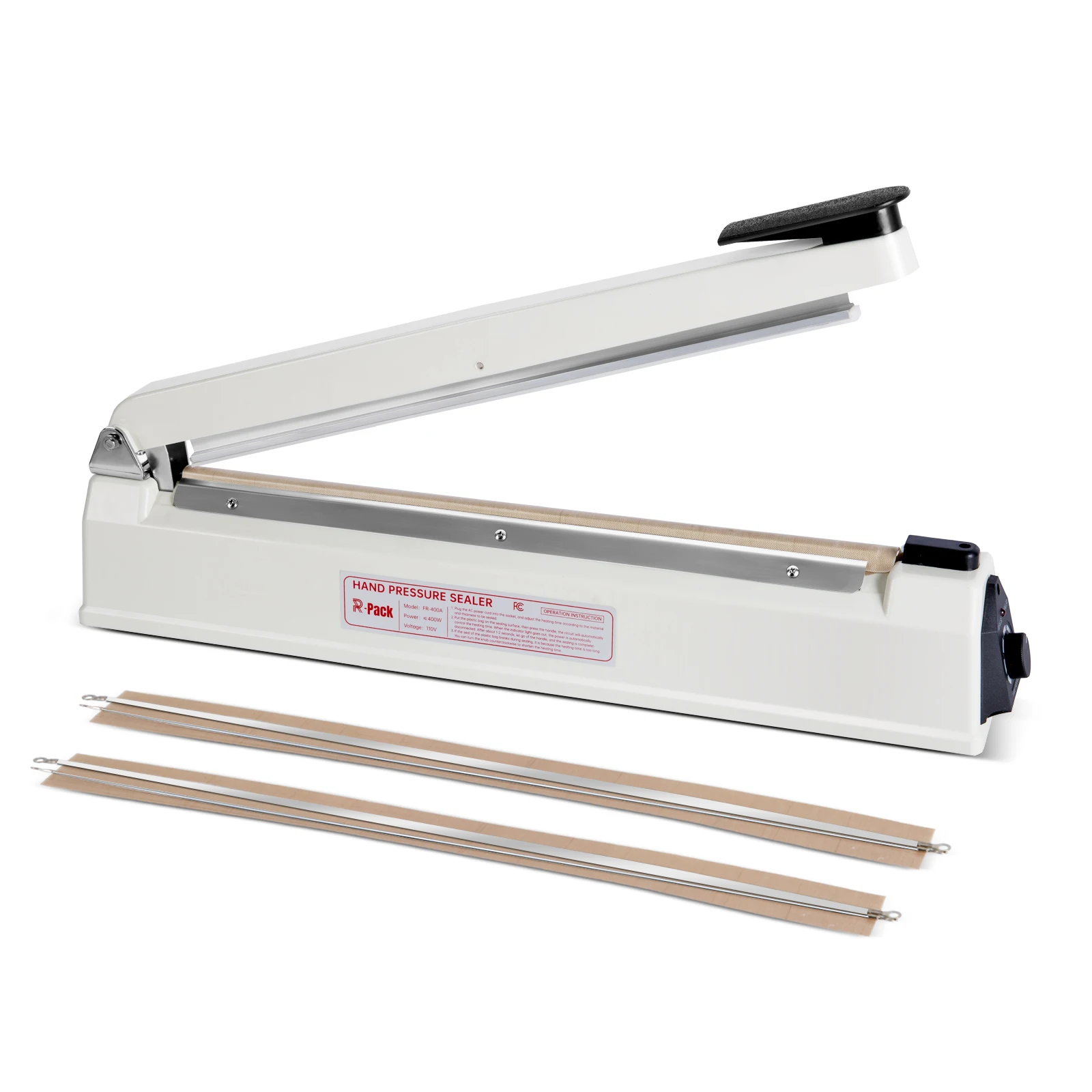 R-PACK Impulse Heat Sealer With Cutter, Heavy-Duty Bag-Sealing And Cutting Machine, 2 Extra Replacements (White, 16 Inch)