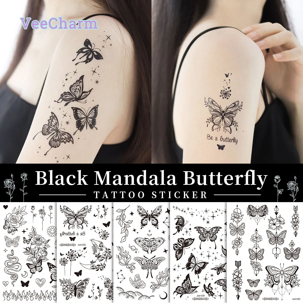 

VeeCharm - Black Mandala Tattoo Stickers, Henna,Butterfly,Symmetrical Aesthetics, Unique Elegance for Women, 1/10/11/21 Sheet