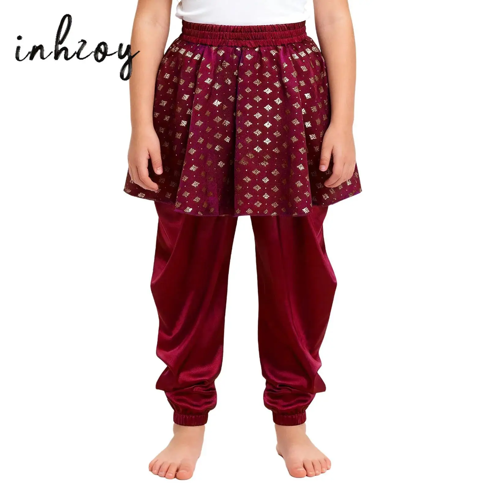 

Girls Boys Dhoti Pants Metallic Floral Print Split Peplum Pants India Dance Pants for Halloween Party Masquerade Cosplay Costume