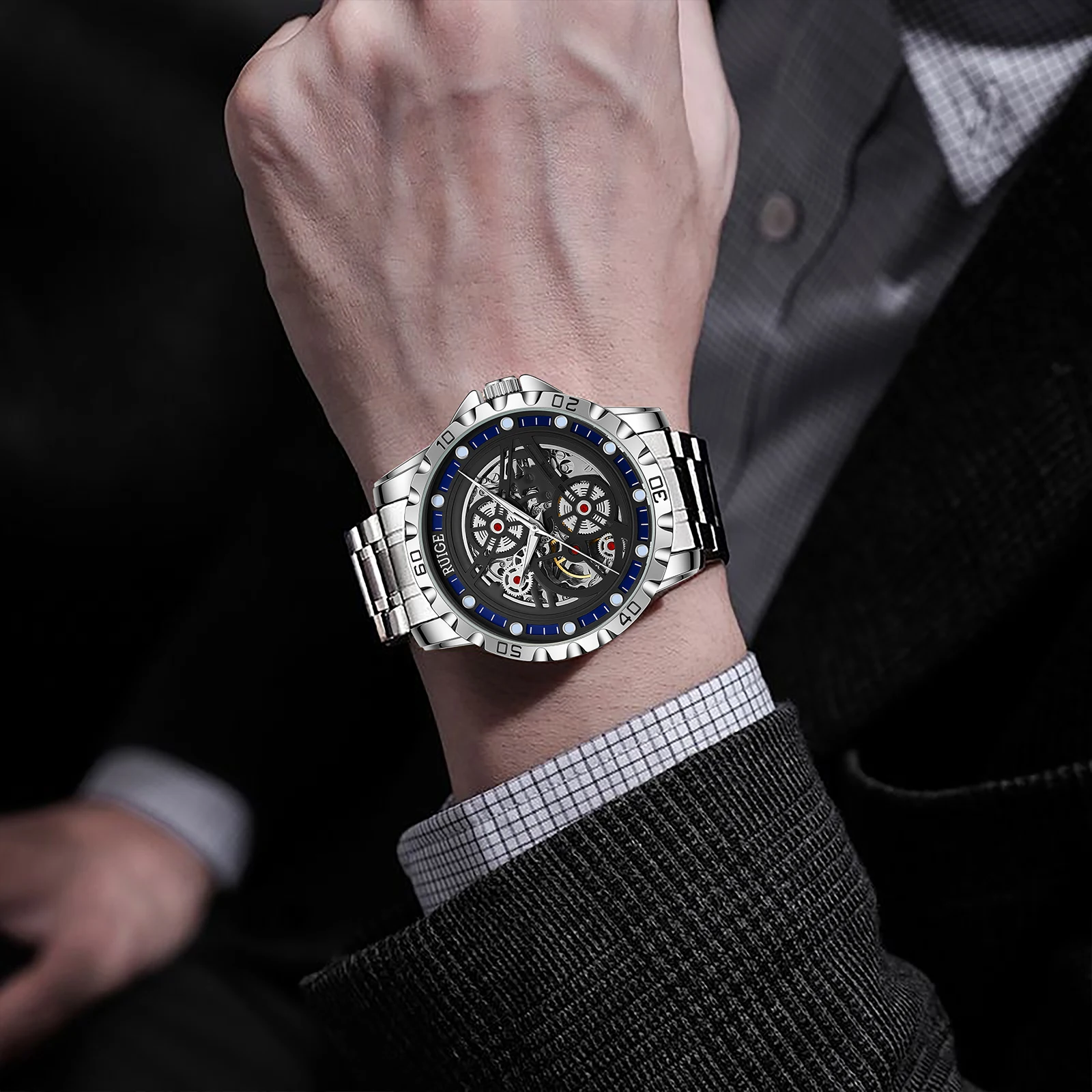 RUIGE 새로운 중공 남성용 완전 자동 기계식 시계 스테인레스 스틸 남성용 축광 방수 패션 트렌드 시계