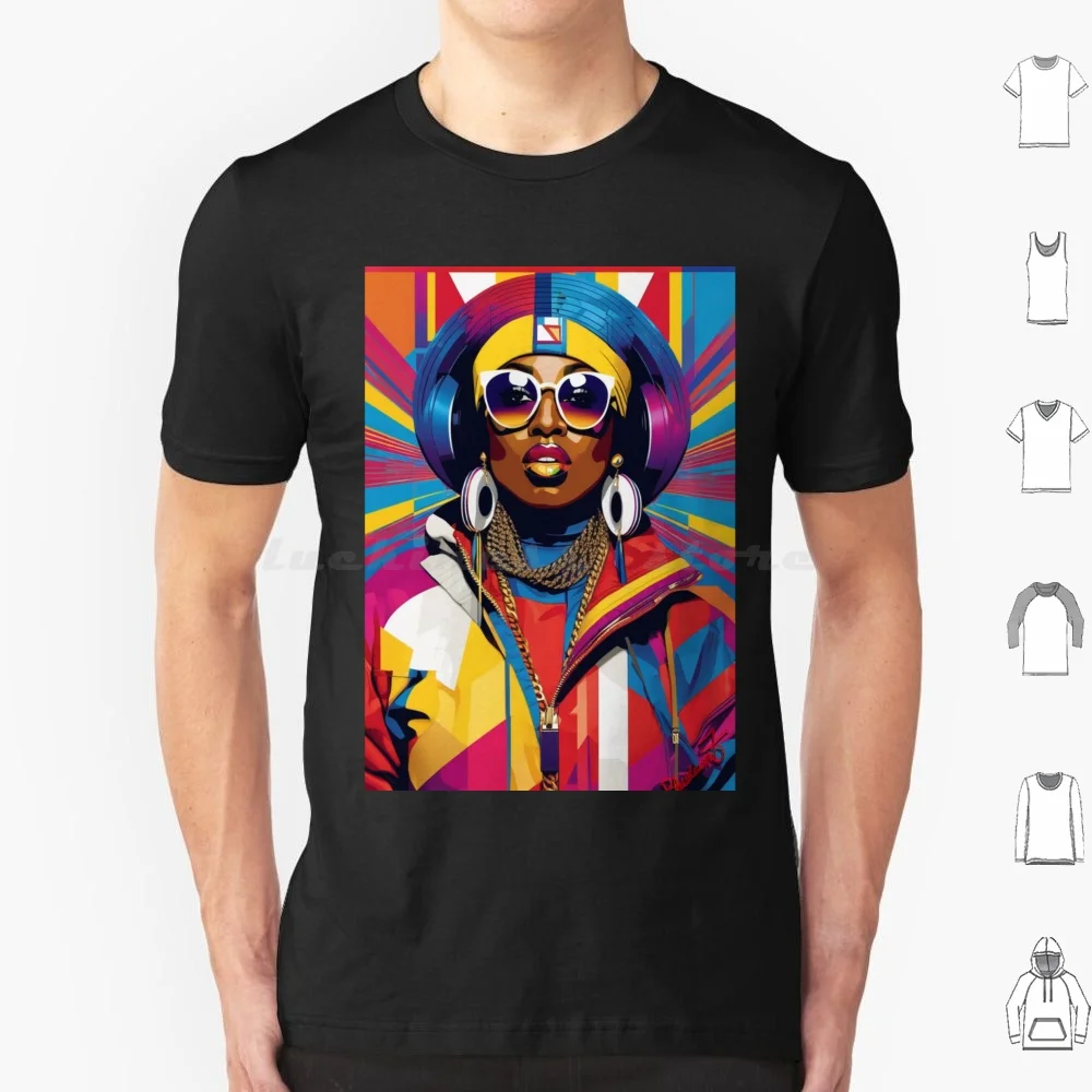 Missy Elliot camiseta 6xl algodón Cool Tee retrato mujer auriculares gafas de sol moda vibrante colorido estilo geométrico Missy