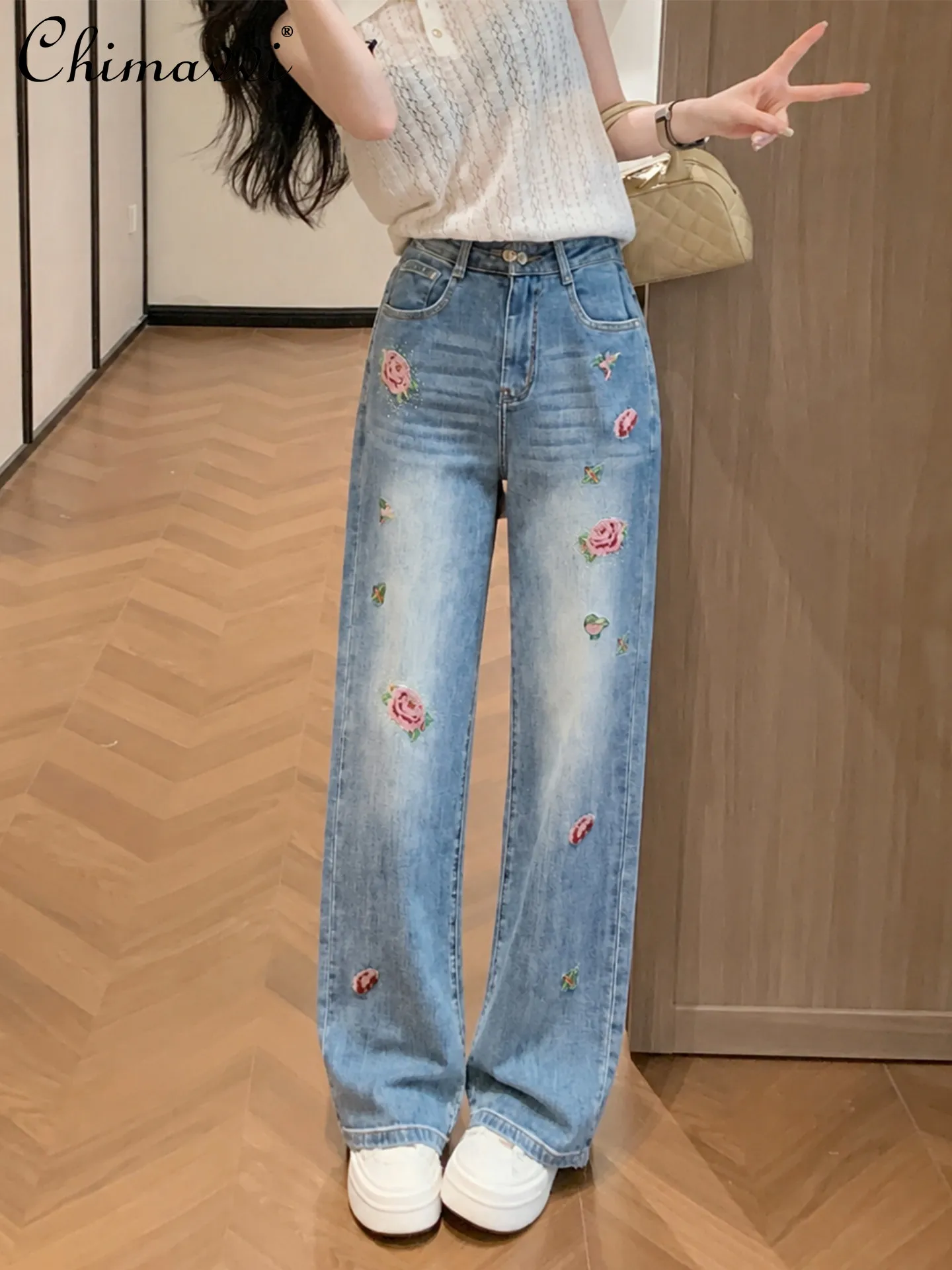 

Heavy Embroidered Hot Diamond Denim Straight-leg Pants Women Spring Summer New Fashion High Waist Loose Slimming Retro Mop Pants