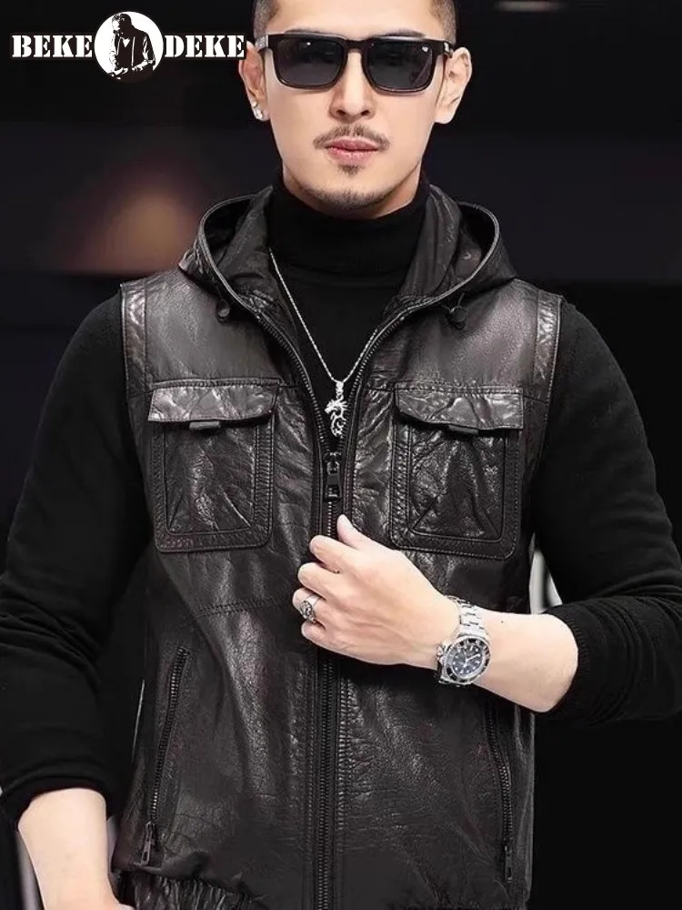 Punk Genuine Leather Vest Men Streetwear Hooded Sleeveless Motorcycle Jacket Zip Vintage Casual Cowhide Cargo Waistcoat Size 5XL