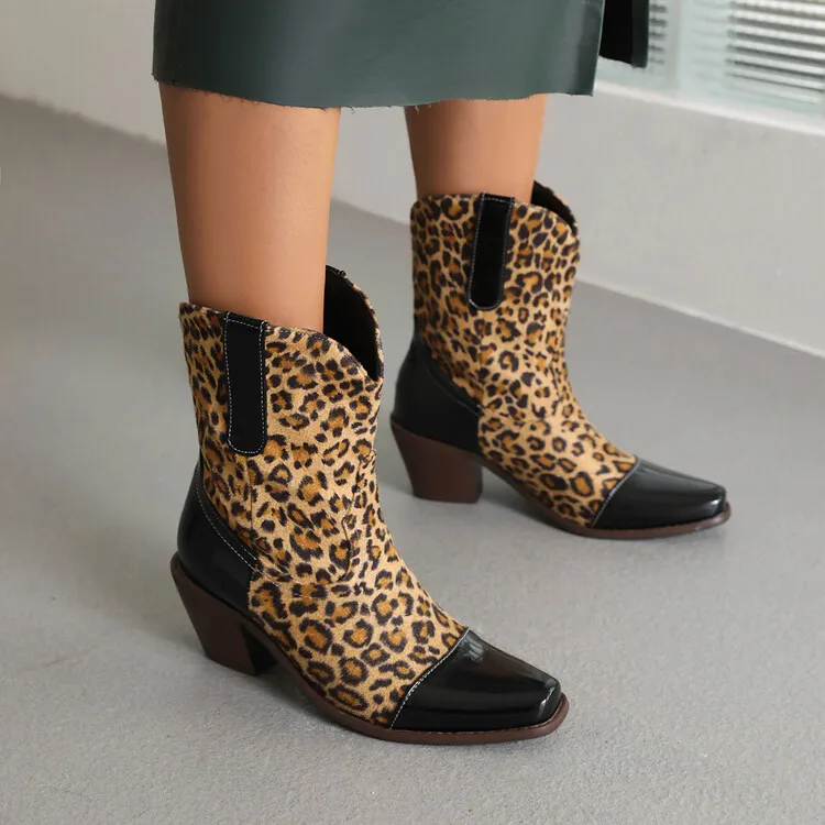 British Retro Color Matching Chelsea Short Boots Square Head Thick Heel Heightening Knight Boots Large Size Women's Boots 34&48