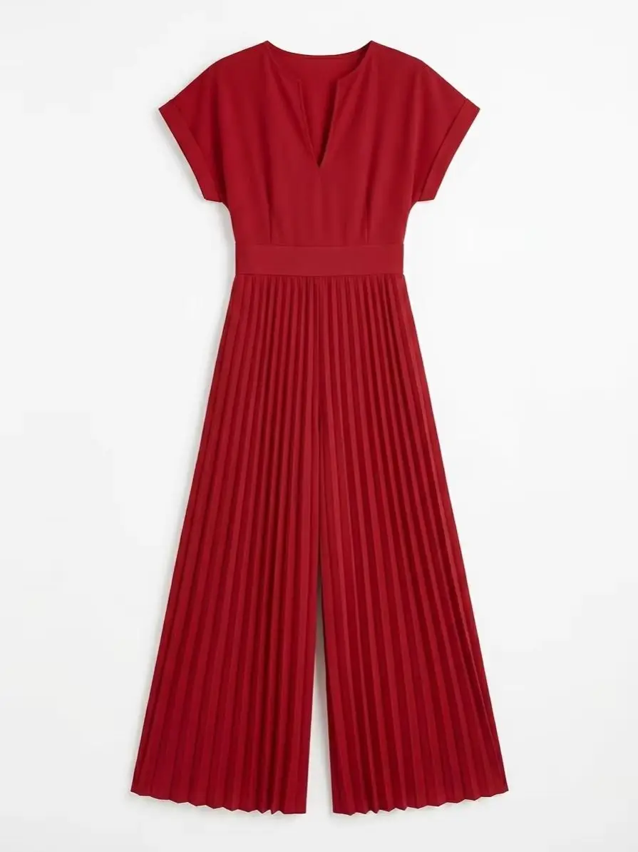 Freeacy Women Notch Neck Cap Sleeve Fitted Waist Pleated Wide Leg Jumpsuit 2026 Summer Solid Red Floor Length Formal Romper