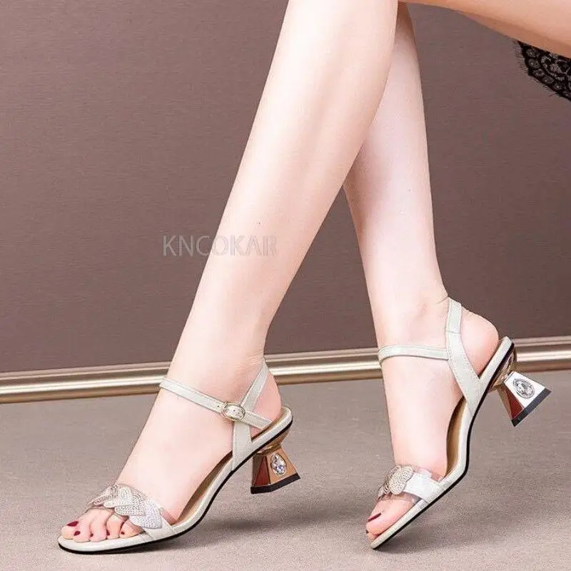 2023  Luxury New Women Crystal Chunky Sandals Summer High Heels Shoes Party Shoes Sexy Pumps Slingback Slippers Femme