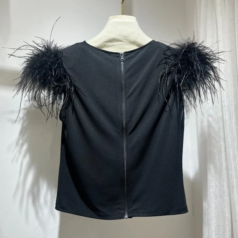 Ropa de moda para mujer, Tops informales de manga corta con cuello redondo, decoración de plumas blancas y negras, 2024