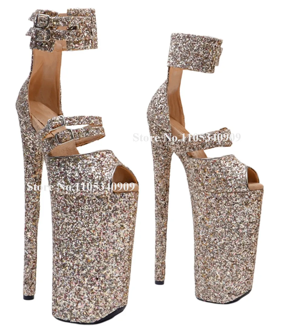 Bondarenko Gold Silver Glitters Stiletto Heel Sandals Peep Toe Straps Buckles High Platform 20cm Thin Heel Dance Shoes