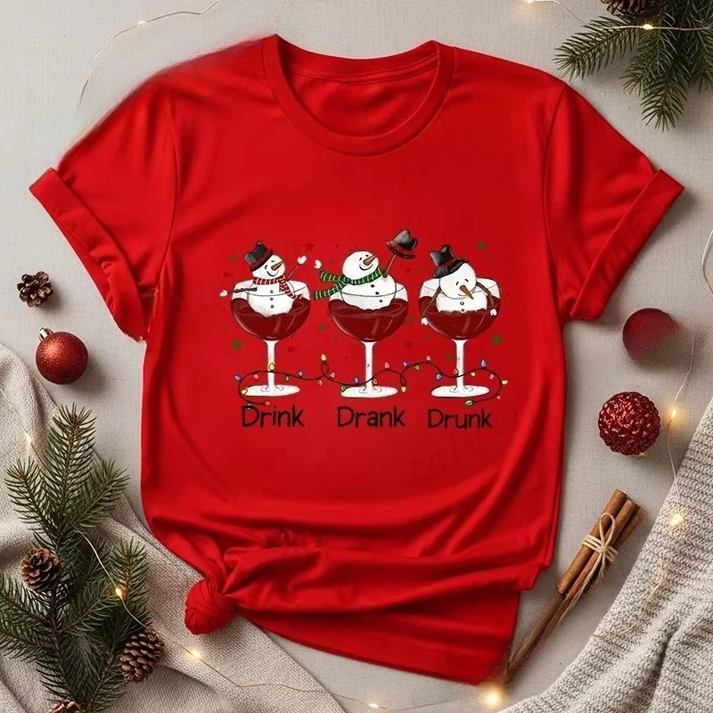 

Женские футболки с принтом Drink Drank Drunk Christmas, рождественские рубашки для любителей вина, забавные топы со снеговиком, винная шляпа Санта-Клауса, футболки для питья