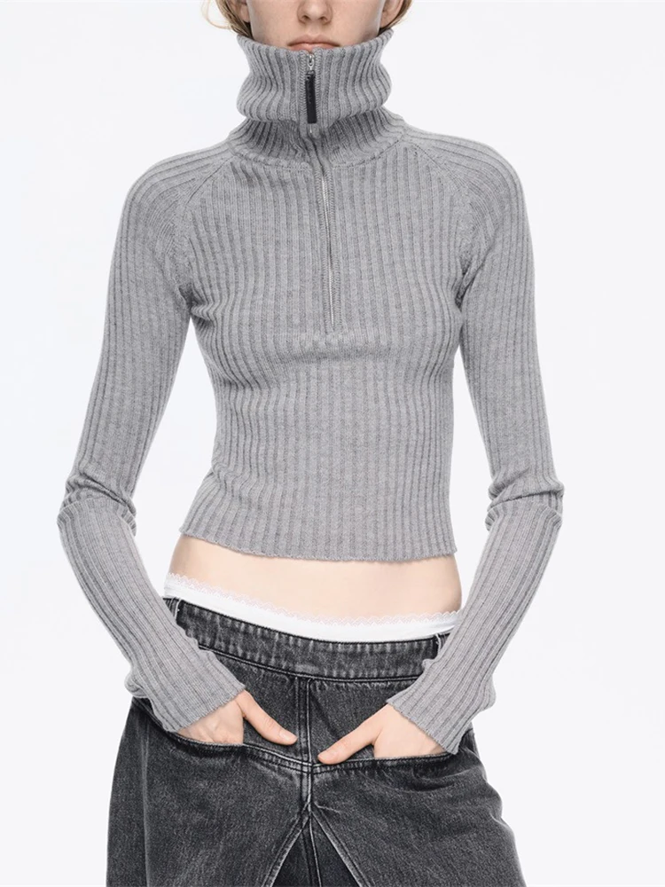 

Zipper high neck short pure wool knitting women's sweater sexy slim two wear lapel merino wool sweater 2023 fall and winter new