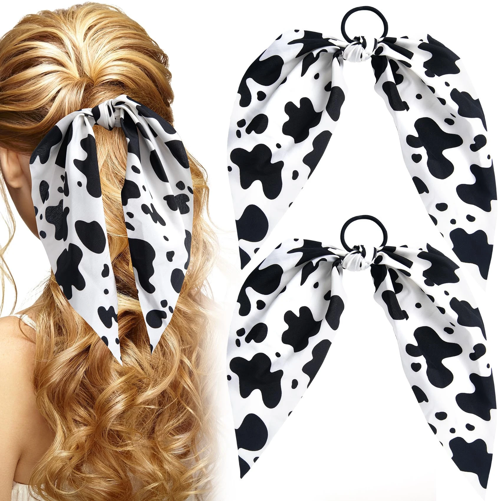 

2pcs Cow Print Hair Band for Women, Non-Slip Elastic Print Hair Ties Scrunchies, Rabbit Bunny Ear Bow Ponytail Holder Hair Ropes