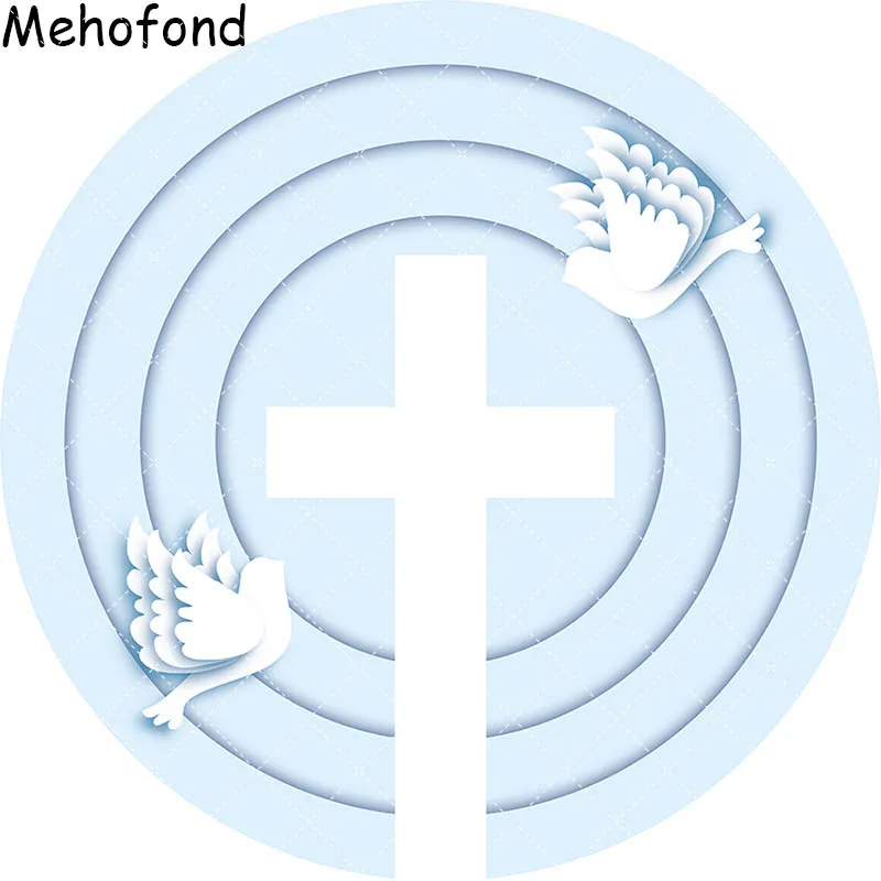 Mehofond God Bless Round Backdrop Cover Blue Pink Dove Boy Girl Baptism Party Circle Background Cross Stripe Decor Props