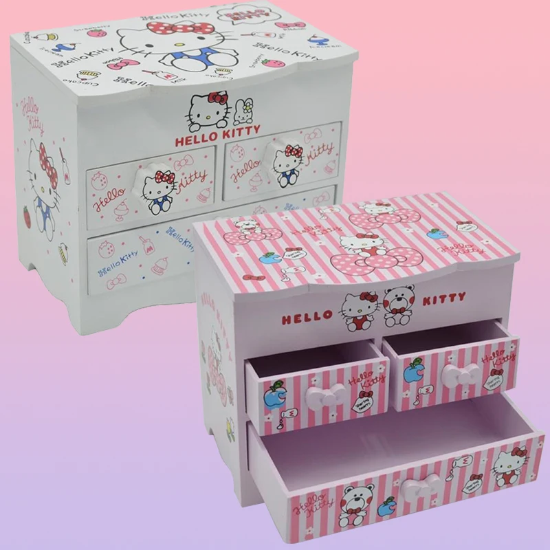 Sanrio Hello Kitty Cosmetic Desktop Storage Drawer With Mirror  Makeup Jewelry Hair Accessory Box Office Stationery Storage Box