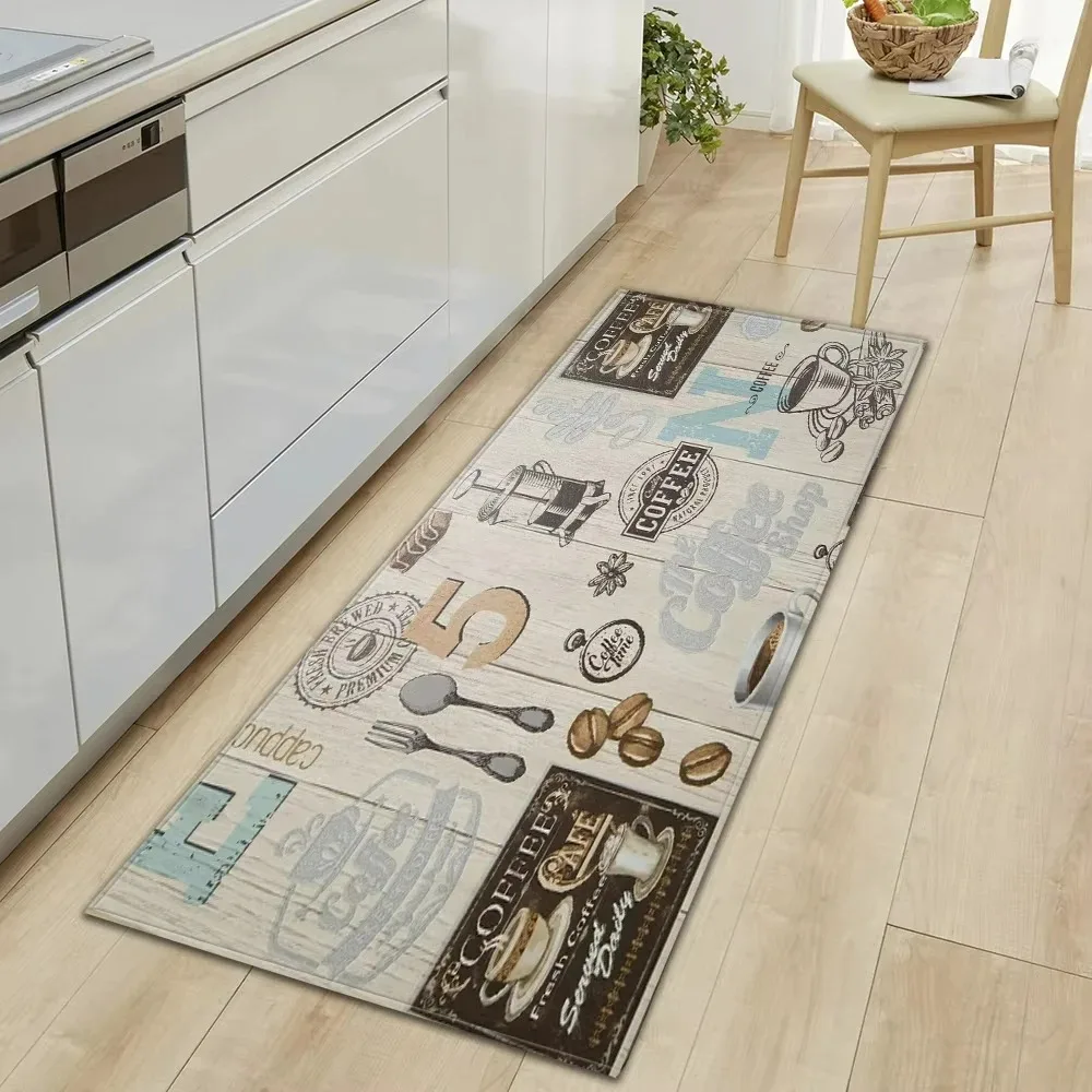 Light Brown Wood Grain Coffee Graffiti Kitchen Long Runner Rug Kitchen-Specific Non-Slip Easy Clean Soft Floor Mat