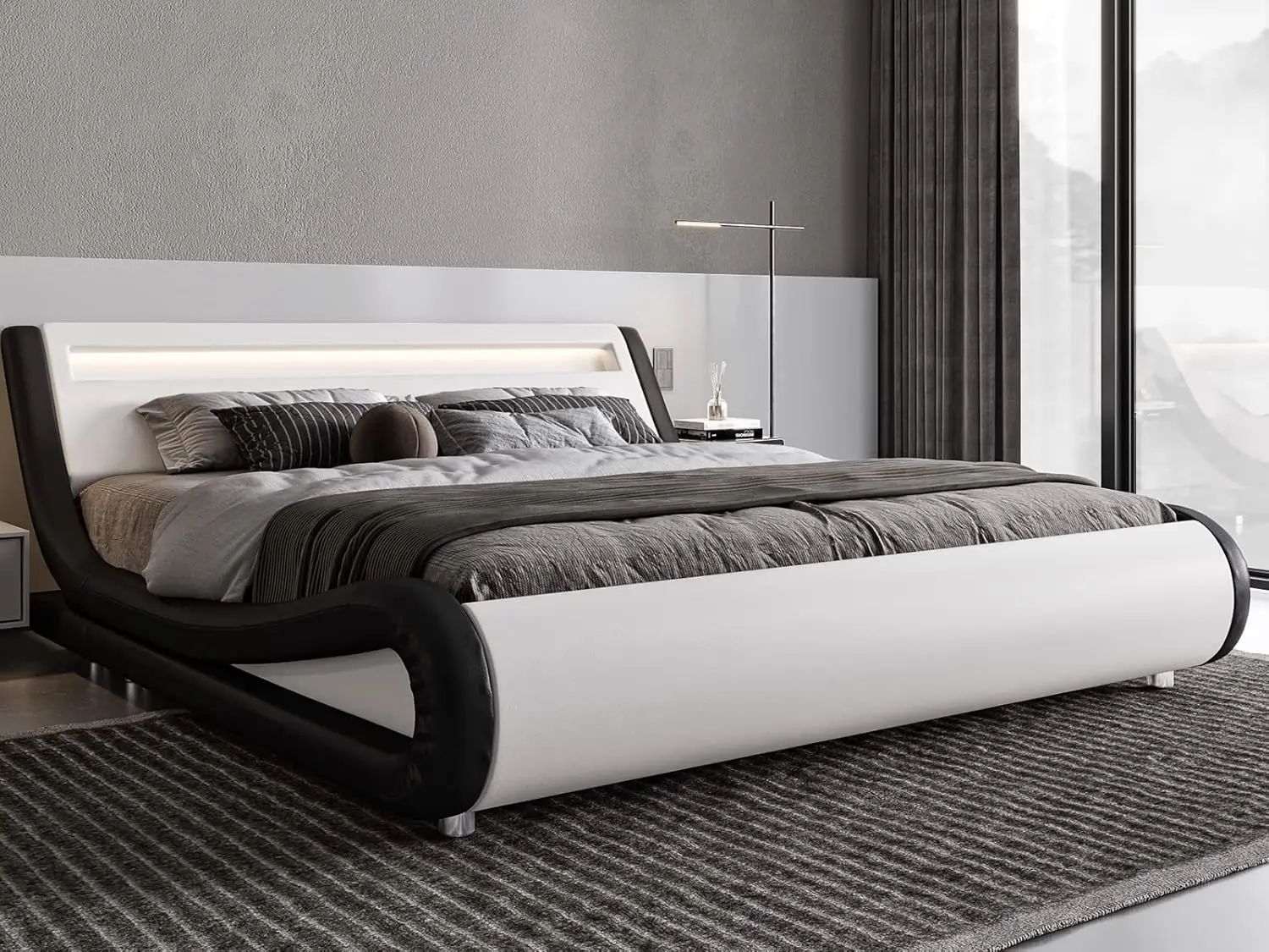 

Allewie King Size LED Platform Bed Frame with Adjustable Headboard/No Box Spring Need/Easy Assembly/Faux Leather in White and Bl
