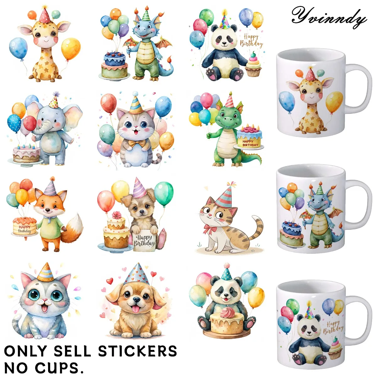 UV-DTF-Transferblätter, Mark Cup Wraps, 12-teilig, Tier-Geburtstagsmuster, zufällige Designs, UV-DTF-Transferpapier, wasserfest