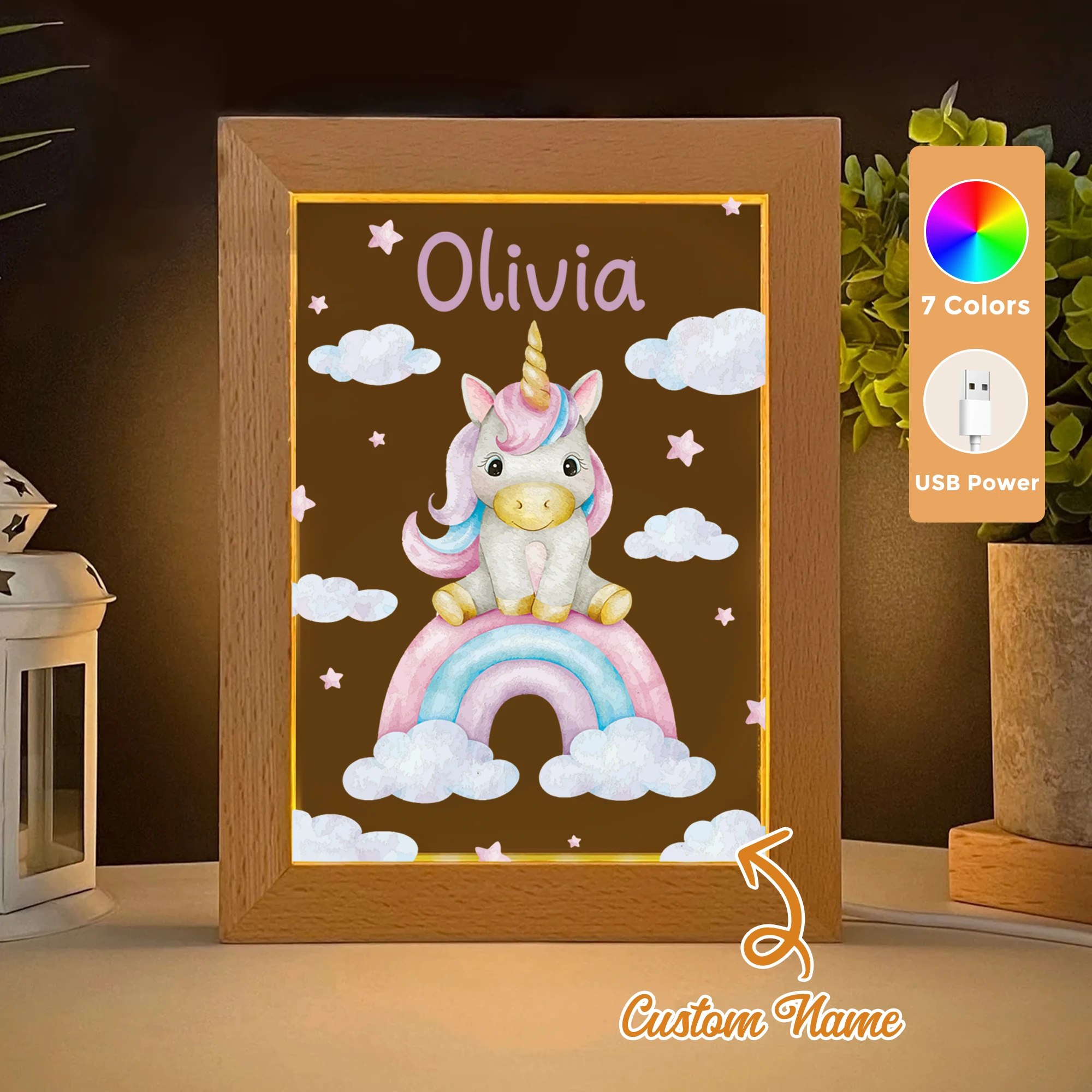 

Custom Name Rainbow Unicorn LED Acrylic Night Light Wood Photo Frame 21x17cm Cartoon Children Bedroom Gifts Home Decor Gift
