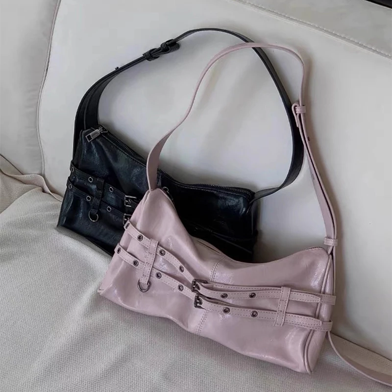 

Designer Rivet Belt Buckle Underarm Shoulder Bag,Korean Trendy Motorcycle Biker Style Women Handbag,Commuter Work Everyday Purse