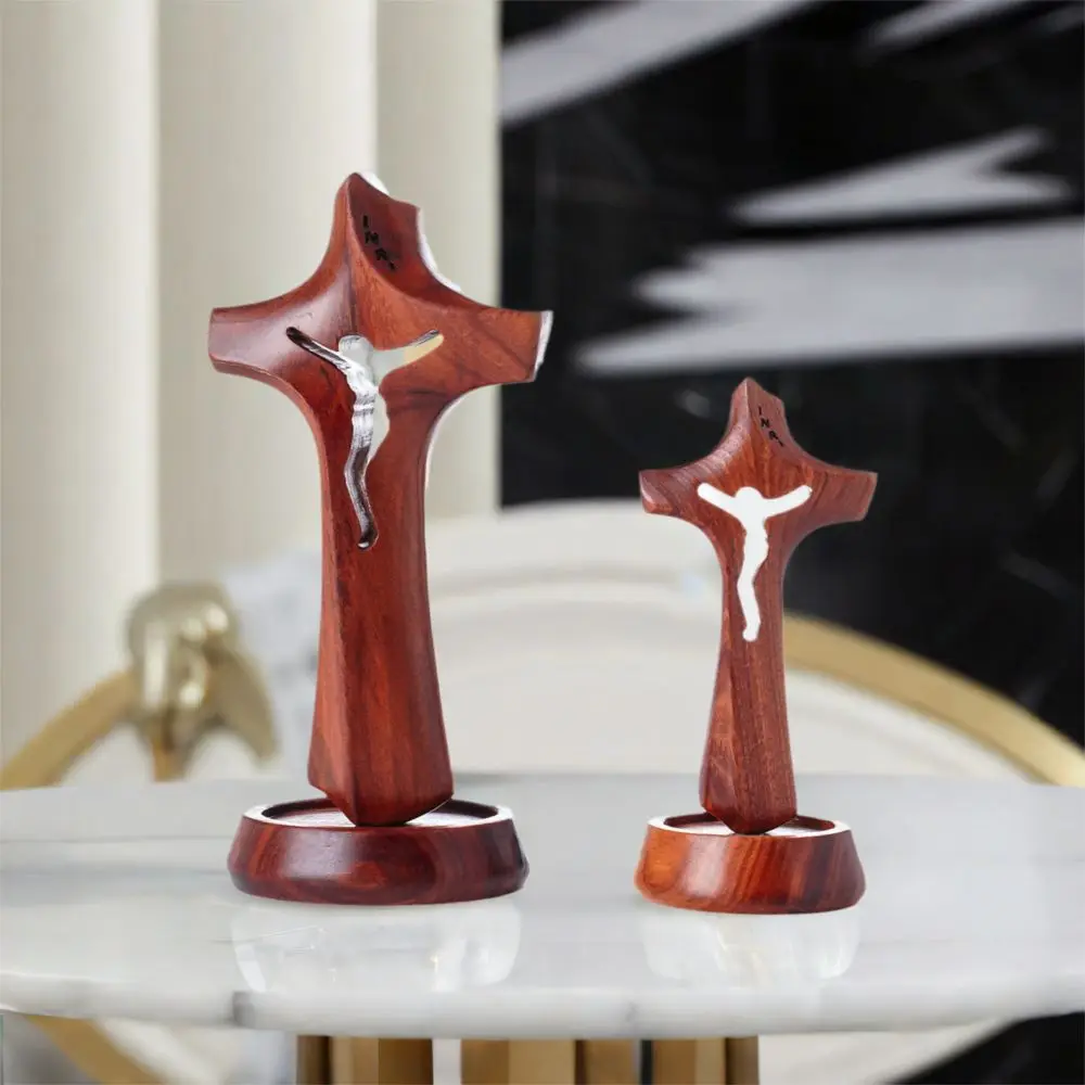 

Art Wooden Hollow Cross Natural Detachable Religious Crosses Ornament with Base Standing Crucifix Sculpture Christian