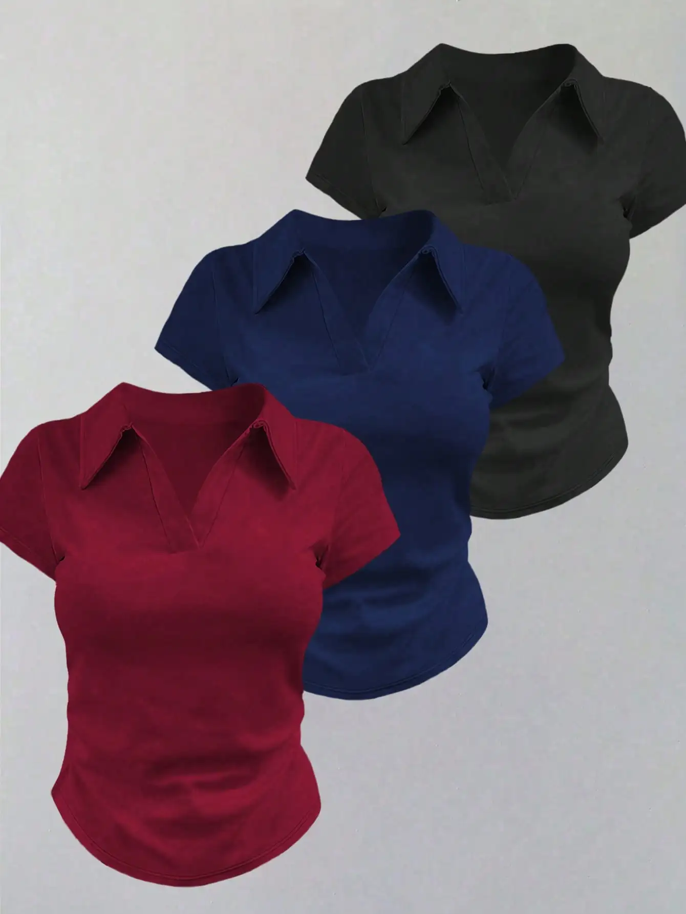 

3 шт. женских облегающих футболок с воротником-поло однотонного цвета для повседневной носки