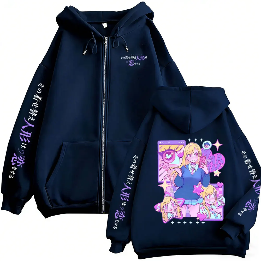 Anime My Dress Up Darling Graphic Zipper Hoodie Manga Kitagawa Marin Merch Zip Up Jacket Men Women Y2k Cosplay Zip Up Sweatshirt