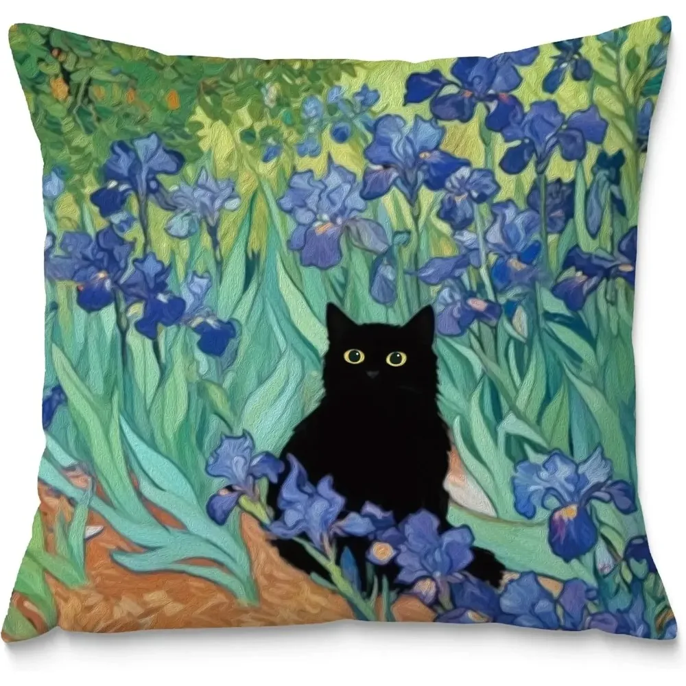 William Morris Blue Floral Black Cat Double-Sided Decorative Throw Pillow Case Cat Lover Gift Cushion Cover for Sofa Home Decor