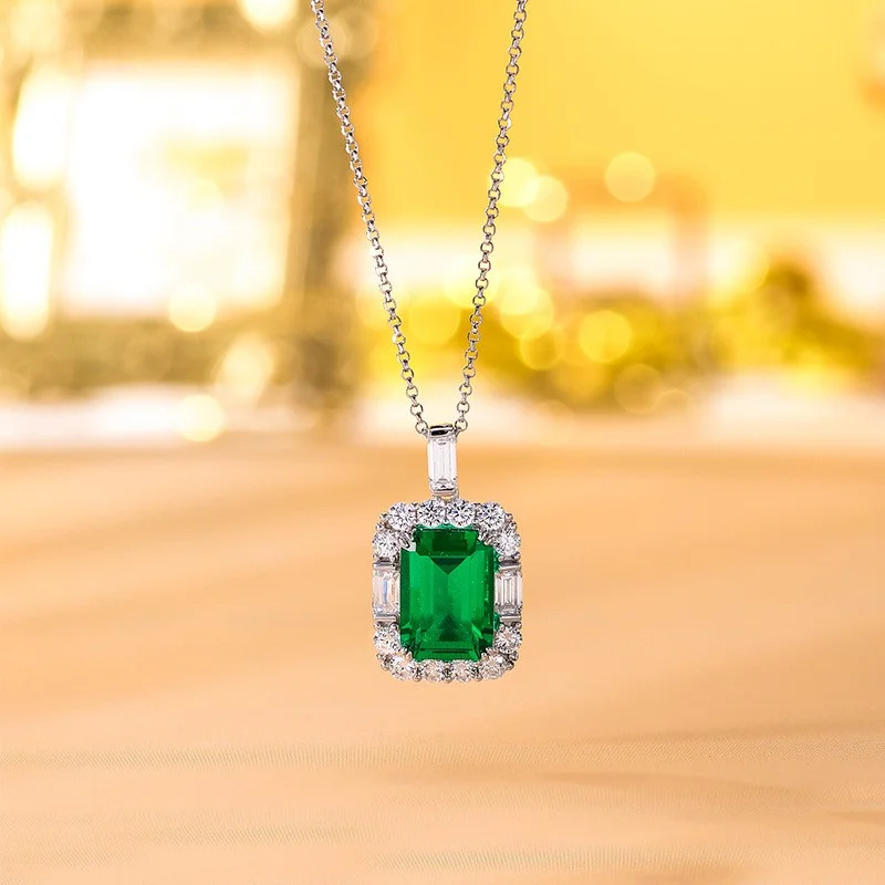 

ZFSILVER Trendy 925 Silver Cultivated Gem 10ct Emerald Rectangle Necklace Charm For Women Accessories Party Jewelry Gift P3-0033
