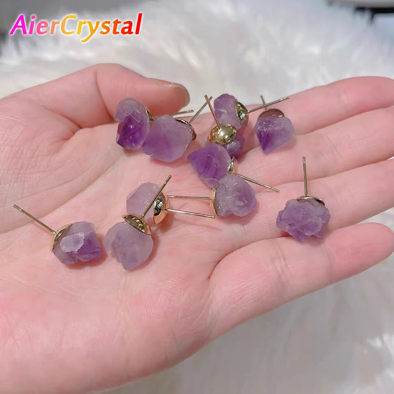 Fashionable Simple Amethyst Irregular Crystal Stud Earrings Reiki Cure Lucky Rough Mineral Stone Women's Jewelry Wedding Gifts