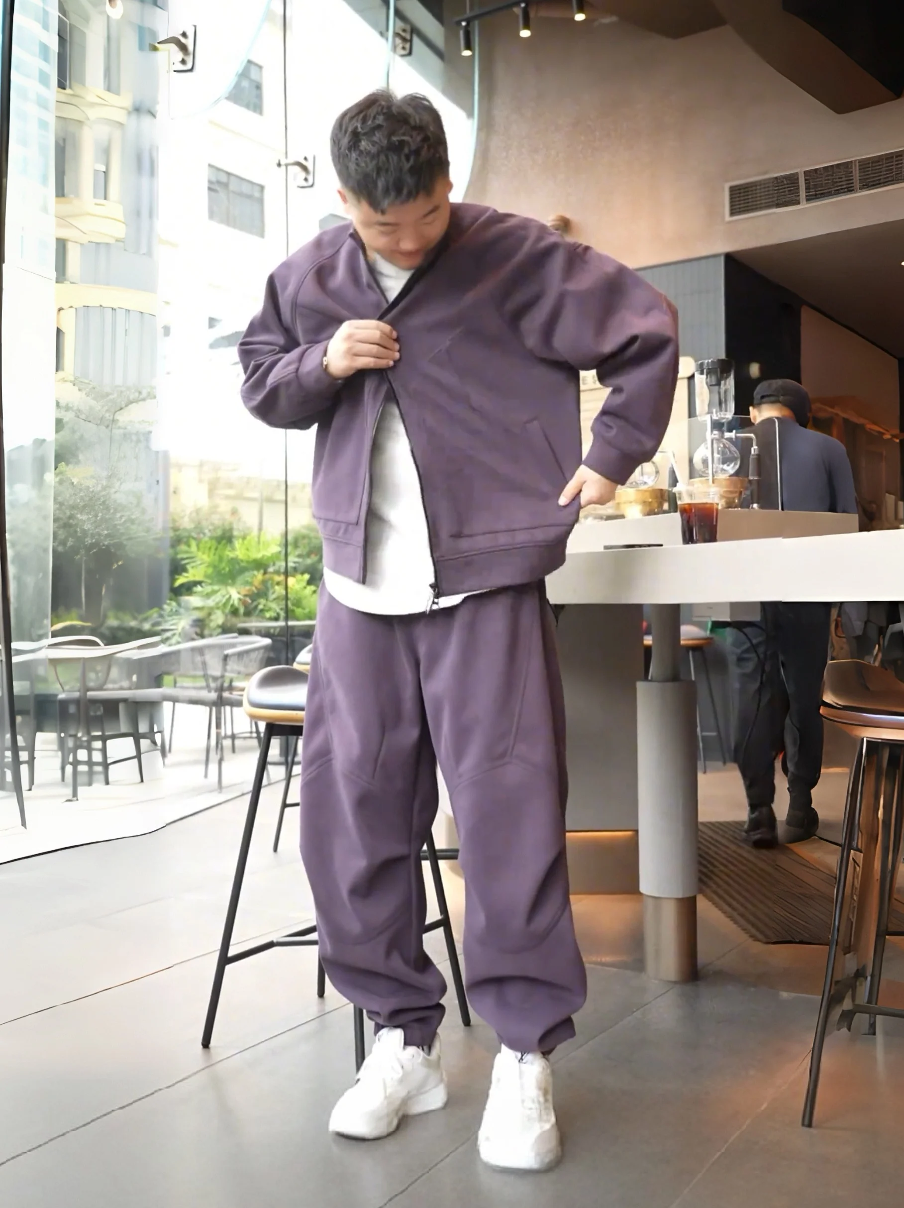 

Men's Winter Thiened Warm Fce Lined Casual Set with Double Zipper Design Straight Leg Pants Long Sve Jaet Two Piece...