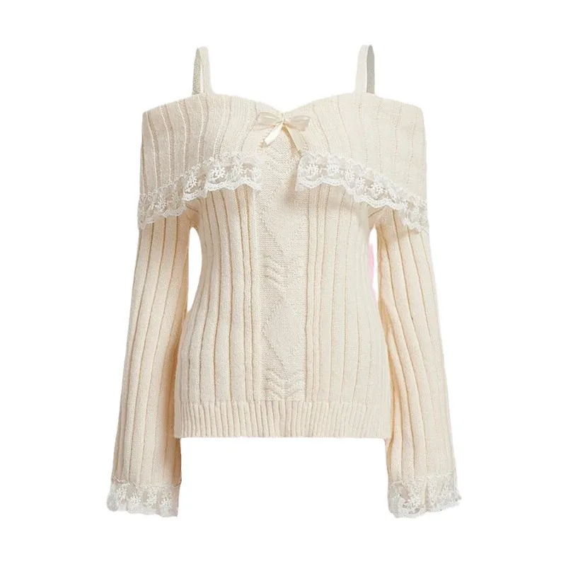 Y2k Aesthetic Lace Patchwork Slash Neck Off Shoulder Sweater Women Vintage Bow Knitted Jumper 2024 Fairy Grunge Slim Pullover