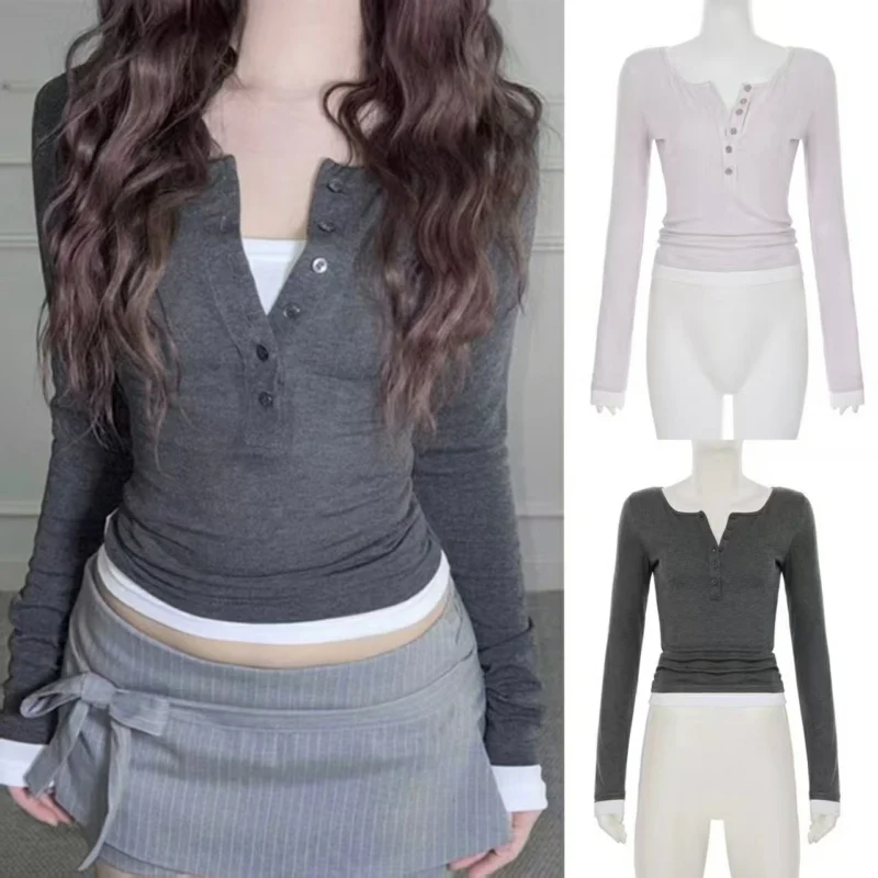 

Slim V Neck Long Sleeve T Shirt Woman Short T Shirts Casual Top Autumn Women Clothes Streetwear High Street Wear