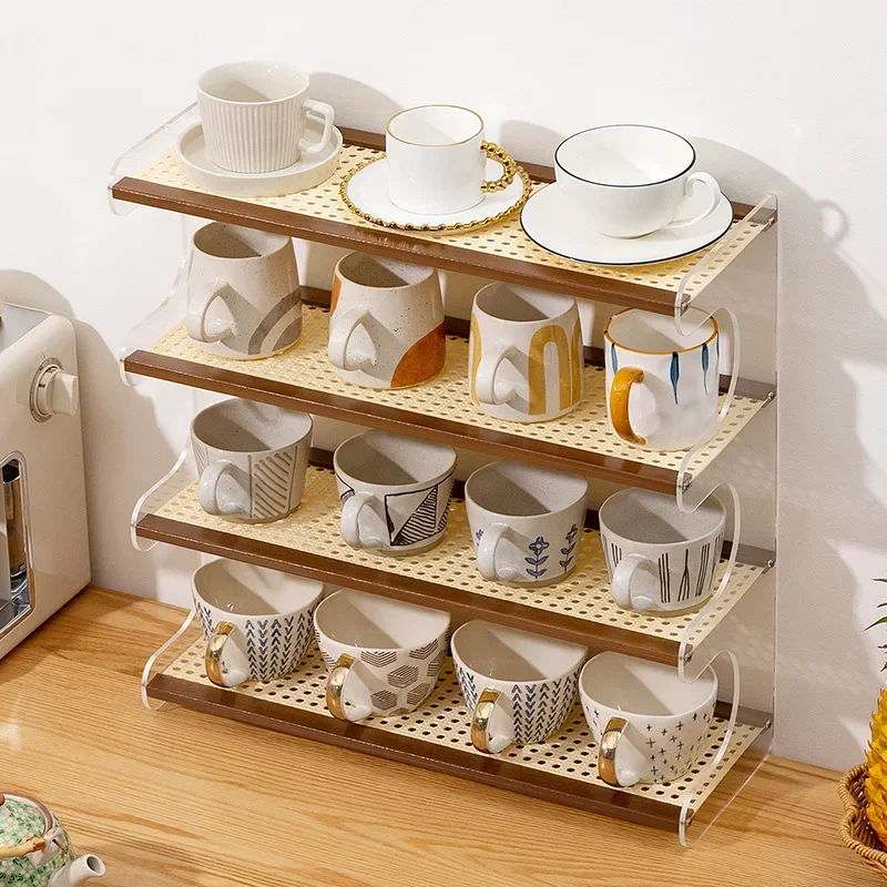 Water cup storage rack, desktop cup holder imitation rattan tea set