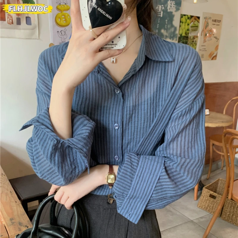 Katoenen tops Luie Korea-stijl Gestreept overhemd Blouse 2023 Lente Zomer Retro Losse dunne transparante vriendje Lange shirts met knopen