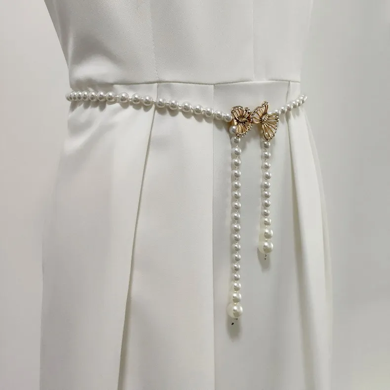 Sweet Women Pearl Chain Belt Bow Knot Rhinestone Buckle Dangling Fringe Waistband Adjustable French Vintage Style for Skirt
