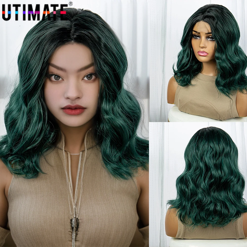 Lace Front Synthetic Hair Body Wave Wigs Dark Green U Lace Wigs for Lady Daily Use 14 Inches Short Women's Wigs Heat Resistant