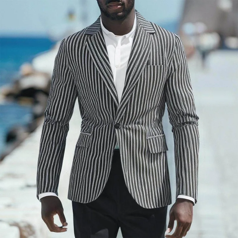 

2026 Spring New Men's Casual Striped Blazer One Button Business Jacket