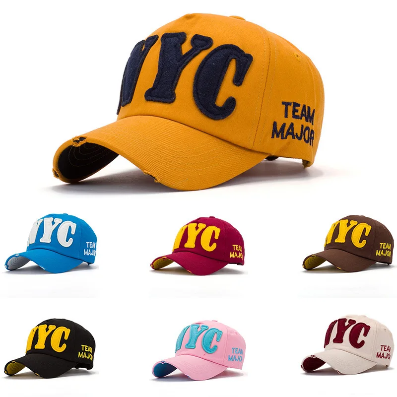 2026 Broken Hole NYC Embroidery Baseball Cap Cotton Adjustable Washed Snapback Baseball Cap Hip-hop Sunscreen Hats for Man Women