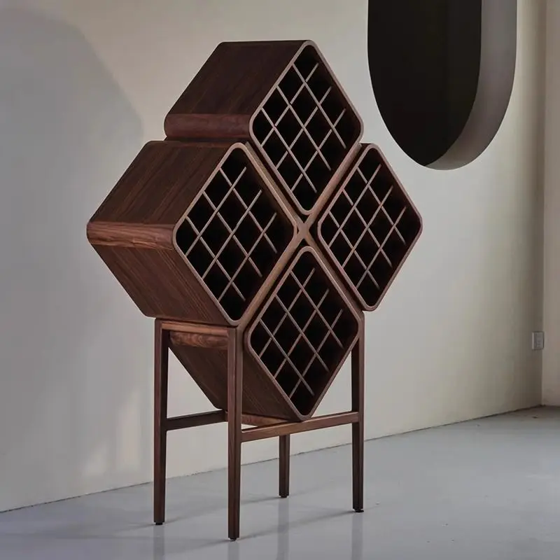 北米産ブラックウォールナットワインラック菱形格子家庭用リビングルーム無垢材ディスプレイラックバー多機能ワインキャビネット