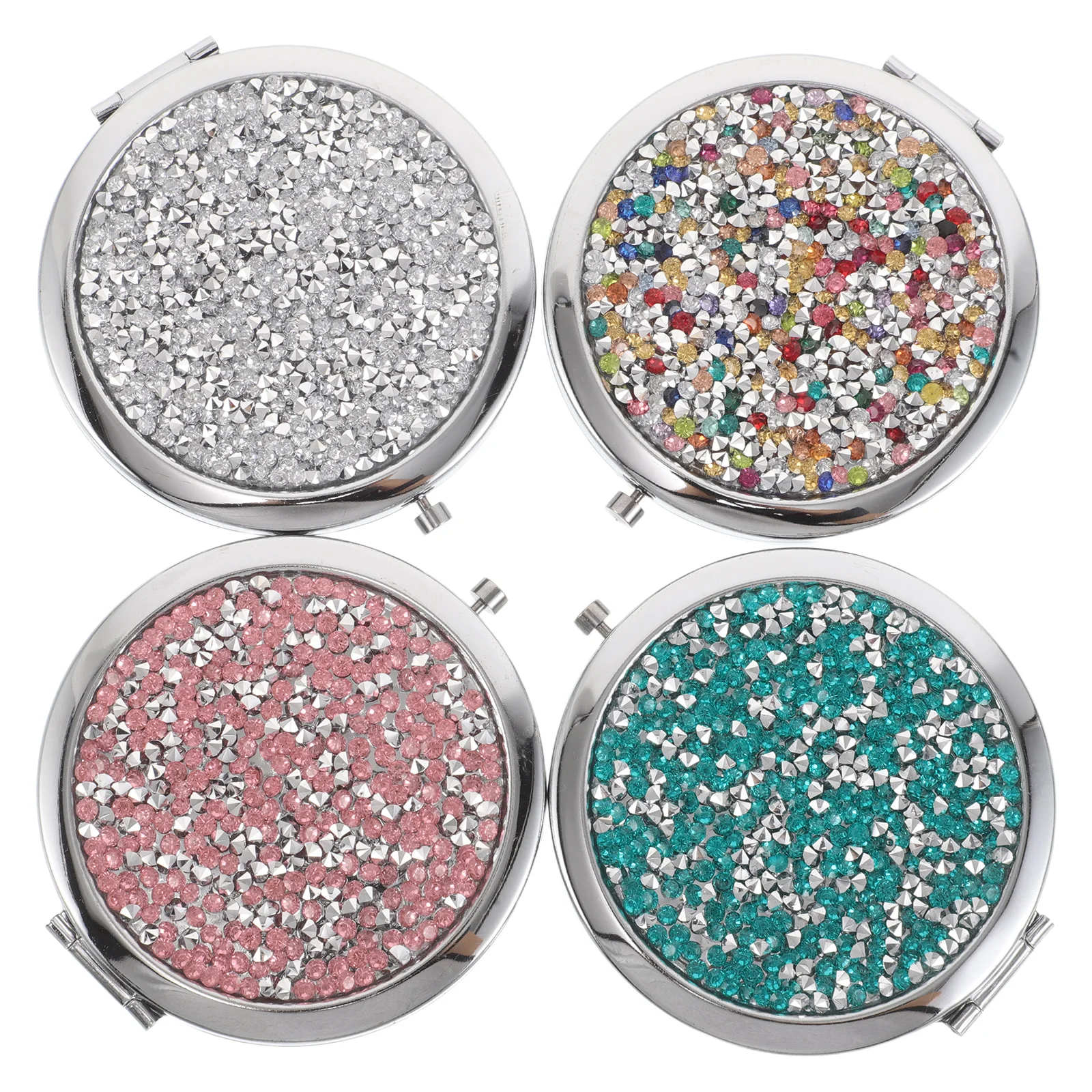 4Pcs Double Sided Makeup Mirror Rhinestone Inlaid Metal Frame Foldable Compact Mirror Set for on The Go Touch Ups in Pink Silver