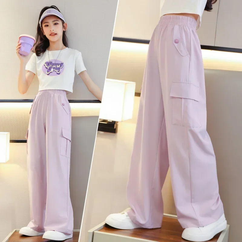 Kids Pants for Girls' Wide-leg Children's Ice Silk Overalls New Anti-mosquito Pants Sports Style Clothing To Wear Outside