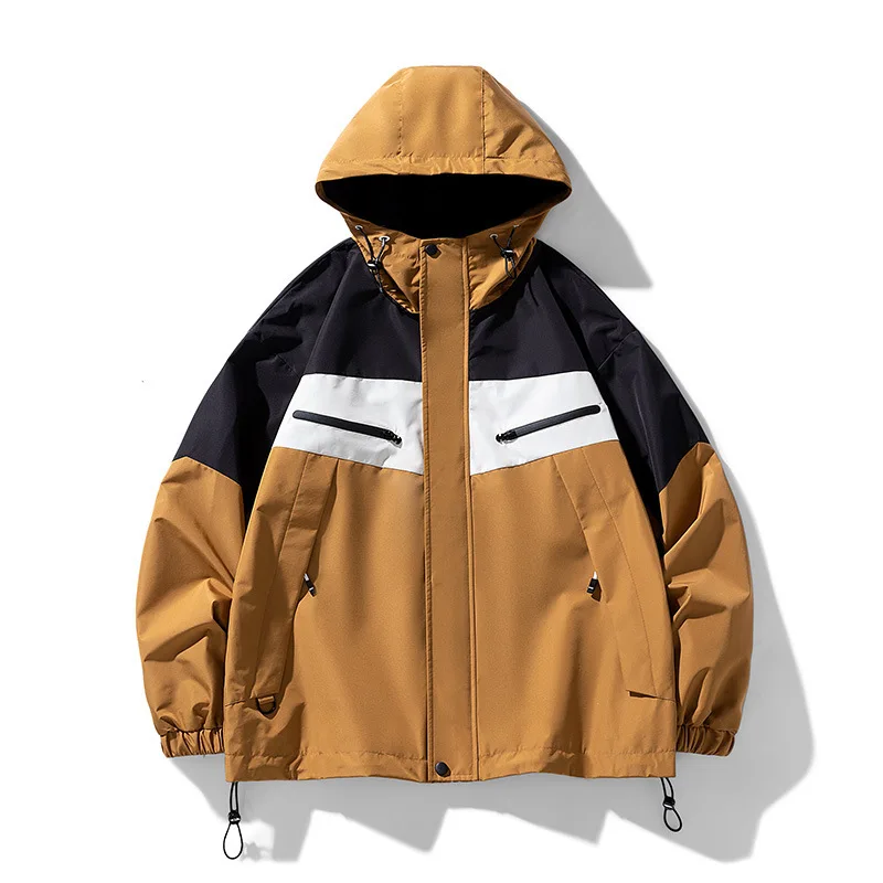 Autumn Men Cargo Jacket Contrast Color Patchwork Casual Man Outerwear Windproof Long Sleeve Zipper Oversize Male Hooded Coat