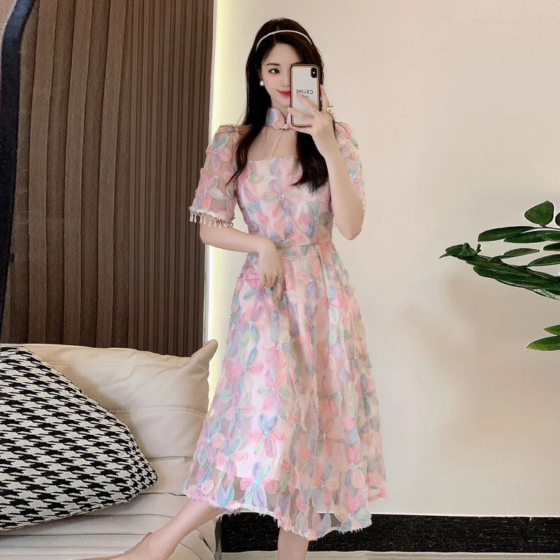 Elegant Sweet Spring Pink Mesh Party Long Dress Women Ruffled Collar Embroidery Flowers Beaded Tassel Short Sleeve Party Clothes