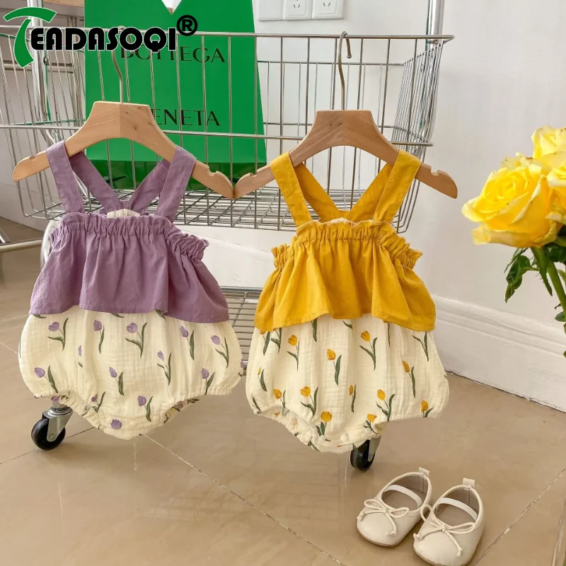 0-2Y Newborn Baby Jumpsuit For Girls 2024 Summer Infant Toddler Kids Sleeveless Bodysuits Tulip Print Sling Cool Comfortable