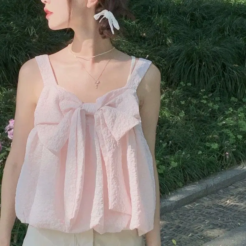 

Pure Desire Foam Cotton Sweet Pink Summer Refreshing Sling Young Style Women Niche Bow Knot Sleeveless Loose Vintage Casual Tops