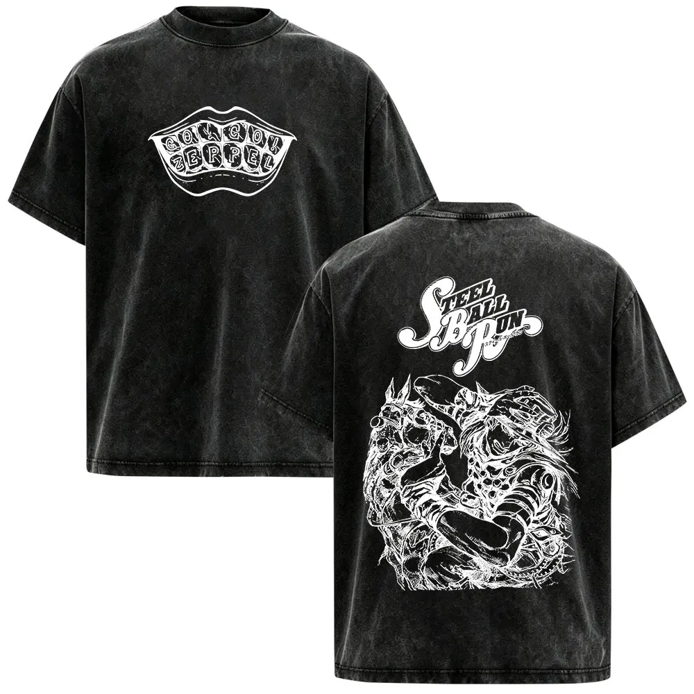 Anime JoJo Bizarre Adventure STEEL BALL RUN Gyro Zeppeli Vintage Washed T-shirt Men's Clothing Oversized Short Sleeve T Shirts