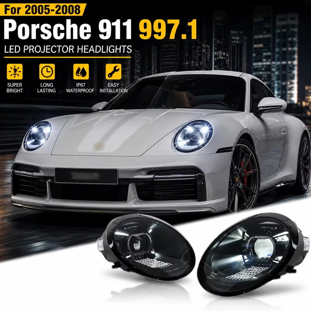 TYPY 2Pcs LED Matrix Headlight Assembly with Dynamic Turn Signal for Porsche 911 997.1 997.2 2005‑2012 Auto Replacement Head Lamps
