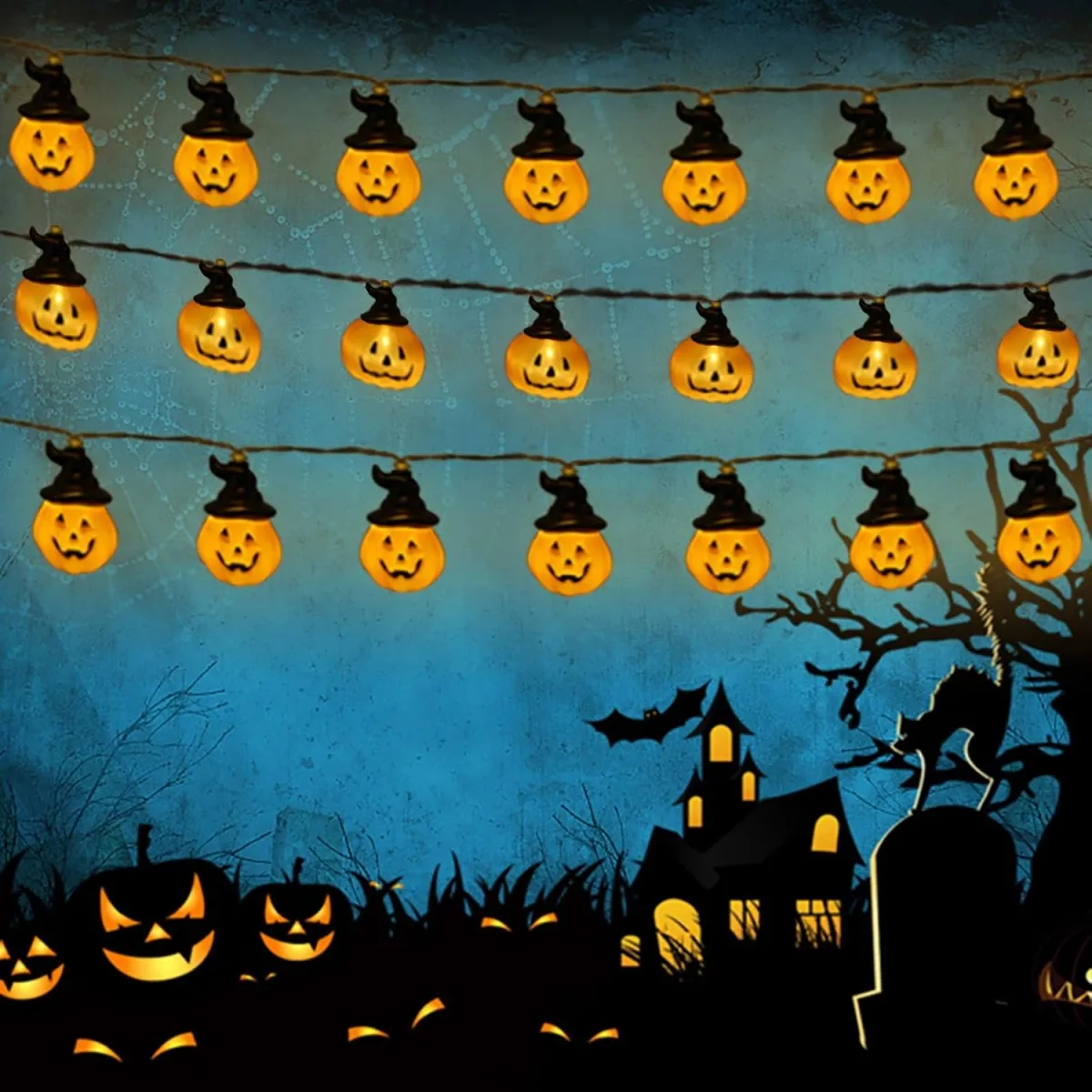1PC 10/20 LED Halloween Small Pumpkin With Black Hat String Lights Battery Operated For Home Windows Indoor Outdoor Garden Decor