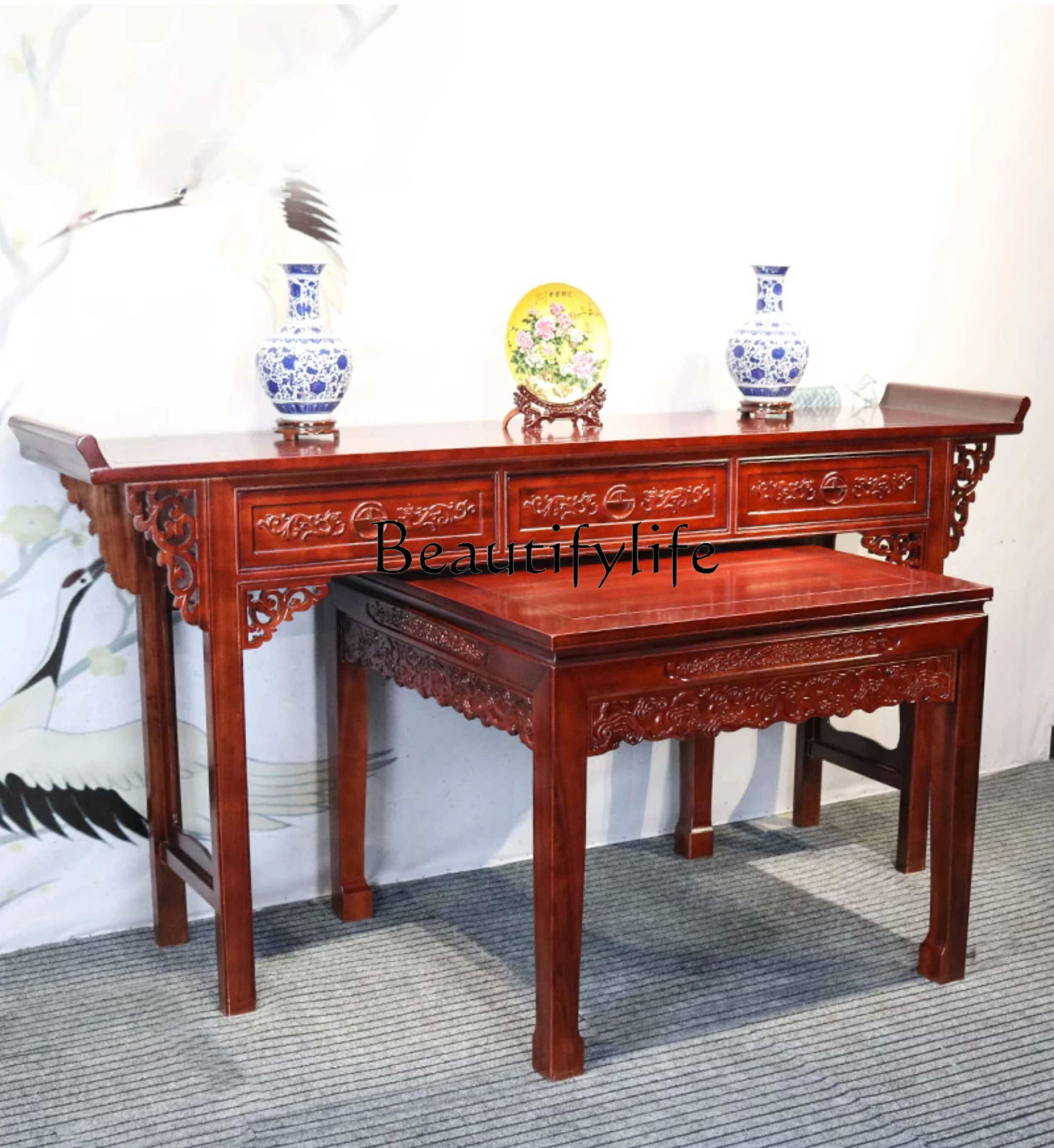 Zhongtang Six-Piece Chinese Solid Wood Antique Altar Hall Old-Fashioned Square Table for Eight People