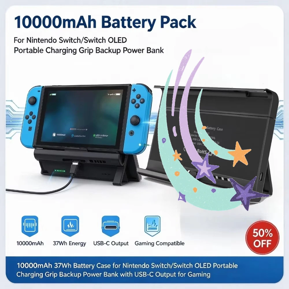 10000mAh 37Wh Battery Case for Nintendo Switch/Switch OLED Portable Charging Grip Backup Power Bank with USB-C Output for Gaming